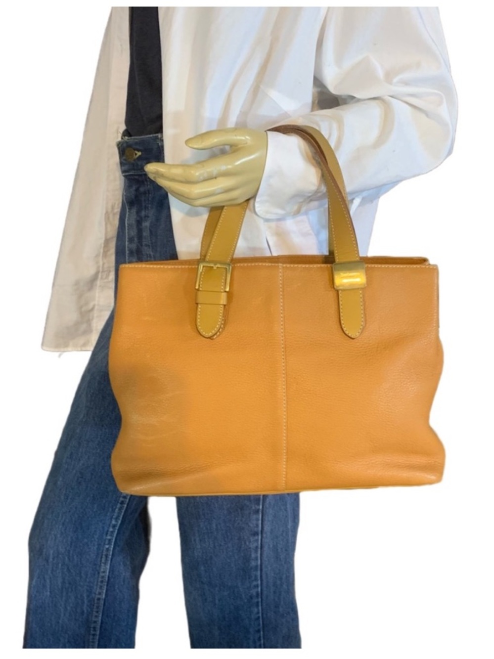 VTG BURBERRYS GOLDEN OCHRE GRAINED LEATHER TOTE W/HOUSE CHECK CANVAS INTERIOR